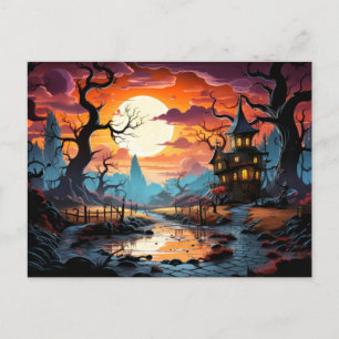 Happy Halloween   Spooky Haunted Manor Postcard