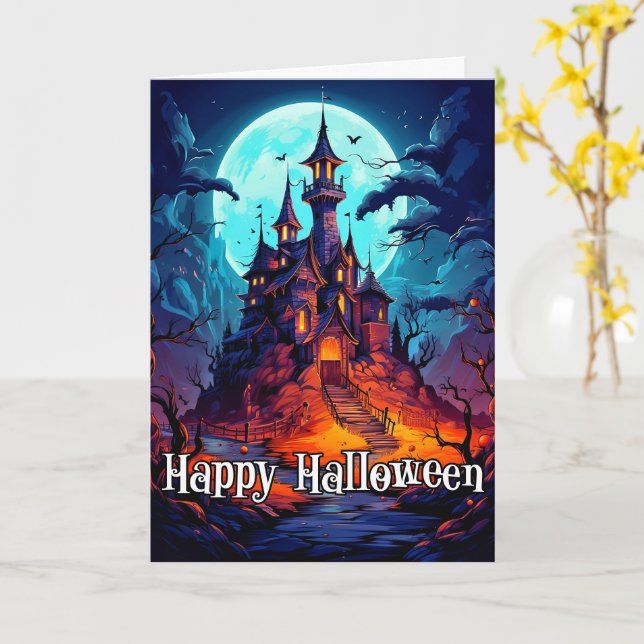 Happy Halloween | Spooky Haunted Mansion Card (Yellow Flower)