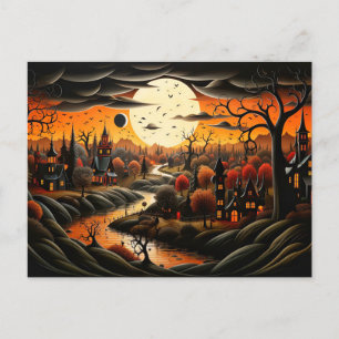 Happy Halloween   Spooky Haunted Village Postcard