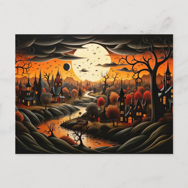 Happy Halloween | Spooky Haunted Village Postcard (Front)