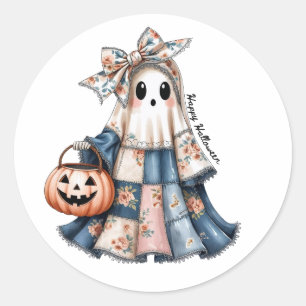 Happy Halloween spooky patchwork ghost Classic Round Sticker
