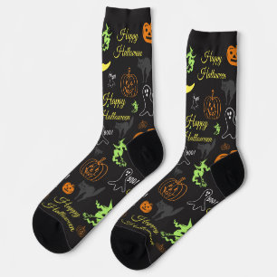 Happy Halloween Spooky Pattern Black Socks