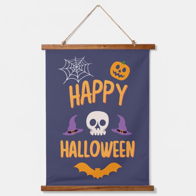 Happy Halloween spooky pumpkin bat orange design Hanging Tapestry (Front)