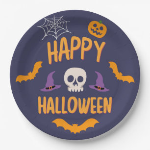 Happy Halloween spooky pumpkin bat orange design Paper Plate