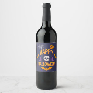 Happy Halloween spooky pumpkin bat orange design Wine Label