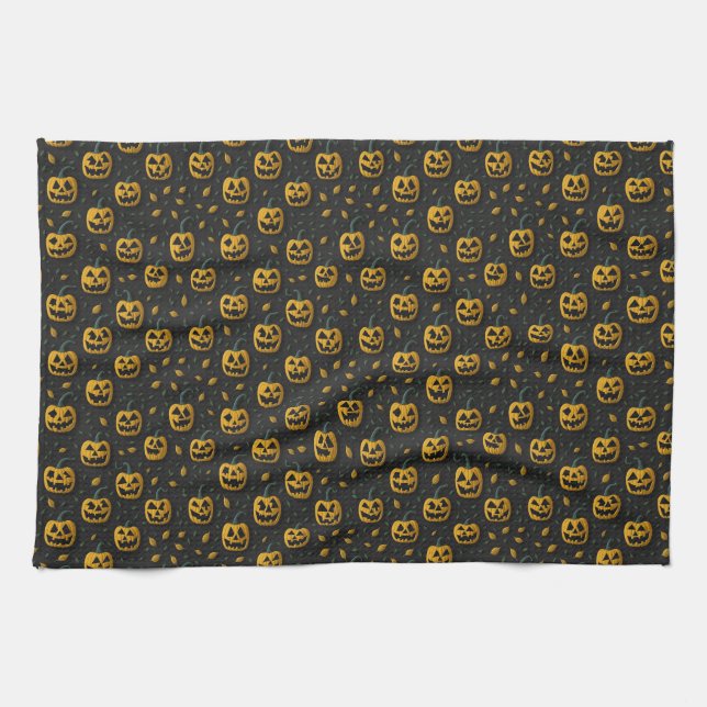 Happy halloween spooky pumpkin cartoon dark tea towel (Horizontal)