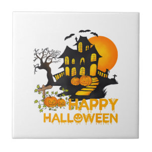 Happy Halloween Spooky Pumpkin Haunted House Men W Ceramic Tile