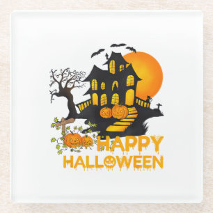 Happy Halloween Spooky Pumpkin Haunted House Men W Glass Coaster