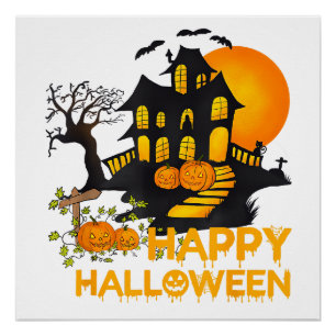 Happy Halloween Spooky Pumpkin Haunted House Men W Poster