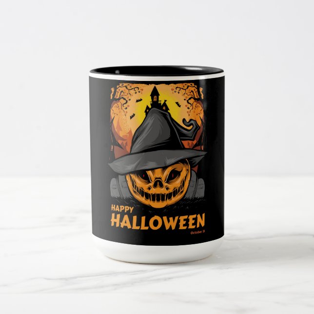 Happy Halloween Spooky Pumpkin Two-Tone Coffee Mug (Center)