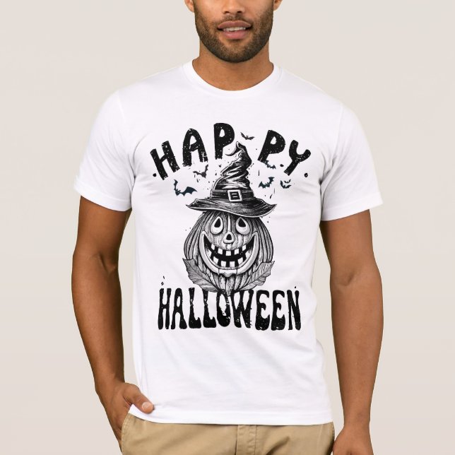 Happy Halloween, Spooky pumpkin wearing hat T-Shirt (Front)