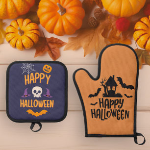 Happy Halloween spooky skeleton bat Oven Mitt & Pot Holder Set