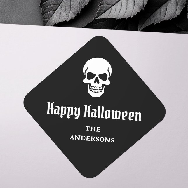 Happy Halloween spooky skull custom name or text Square Sticker (Happy Halloween spooky skull custom name or text Square Sticker)