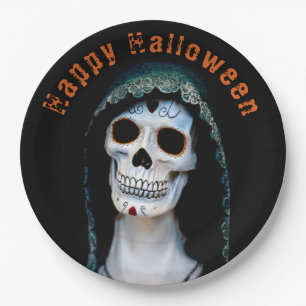 Happy Halloween Spooky Skull Lady Paper Plate