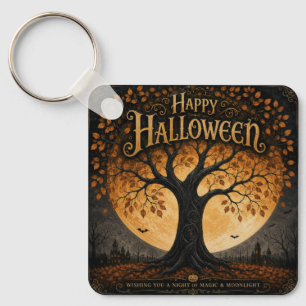 Happy Halloween Spooky Tree Full Moon Gothic Key Ring