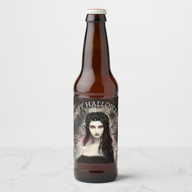 Happy Halloween Steampunk Gothic Fallen Angel Beer Bottle Label (Front)
