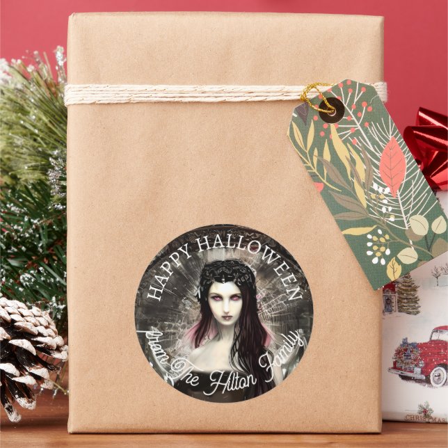 Happy Halloween Steampunk Gothic Fallen Angel Classic Round Sticker (Holiday)