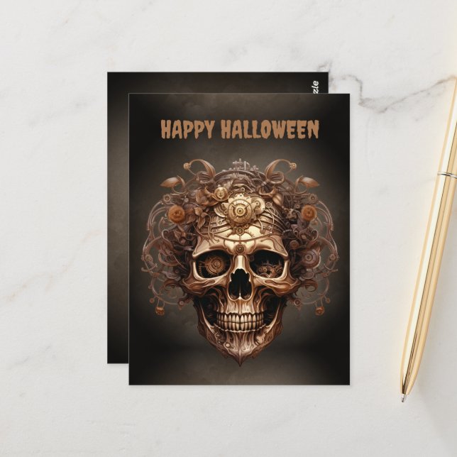 Happy Halloween Steampunk Skull Skeleton Postcard (Front/Back In Situ)