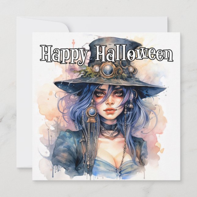 Happy Halloween | Steampunk Witch Illustration Card (Front)