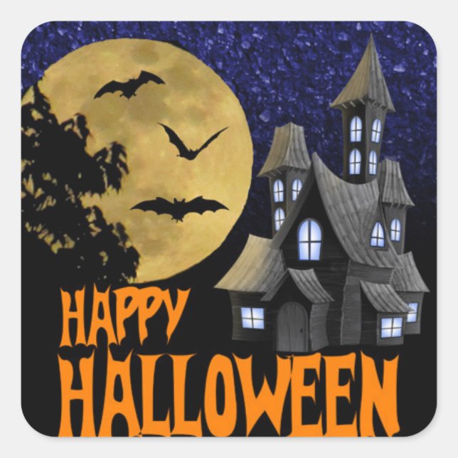 Happy Halloween sticker Haunted house Flying bats (Front)