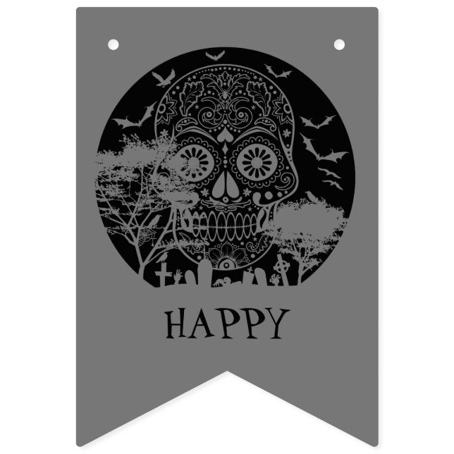Happy Halloween Sugar Skull Graveyard Full Moon 3 Bunting (First Flag)