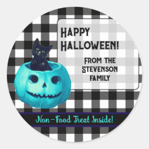 Happy Halloween Teal Pumpkin and Plaid Classic Round Sticker