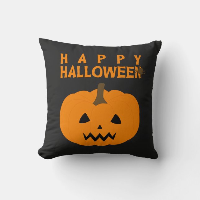 Happy Halloween Text and Pumpkin on Black Cushion (Front)