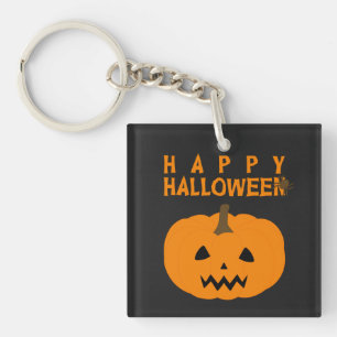 Happy Halloween Text and Pumpkin on Black Keychain