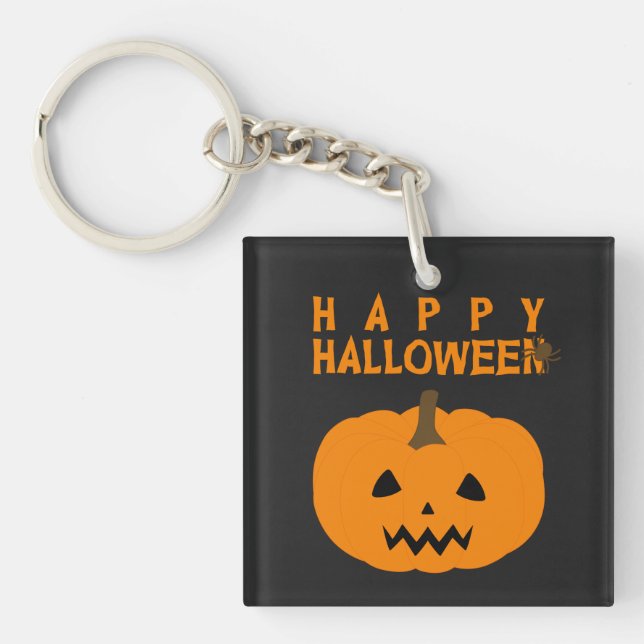 Happy Halloween Text and Pumpkin on Black Keychain (Front)
