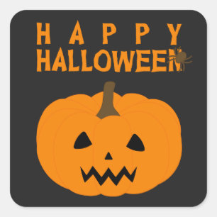 Happy Halloween Text and Pumpkin on Black Square Sticker