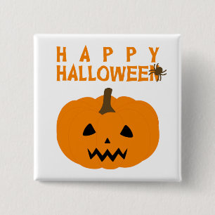 Happy Halloween Text and Pumpkin on White Button
