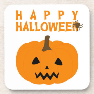 Happy Halloween Text and Pumpkin on White Coaster