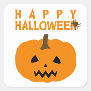 Happy Halloween Text and Pumpkin on White Square Sticker