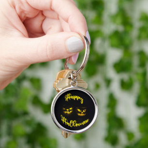 Happy Halloween text with creepy yellow pumpkins Key Ring
