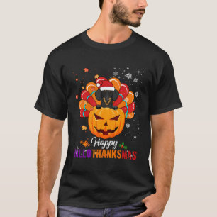 Happy Halloween Thanksgiving Black Dachshund Santa T-Shirt