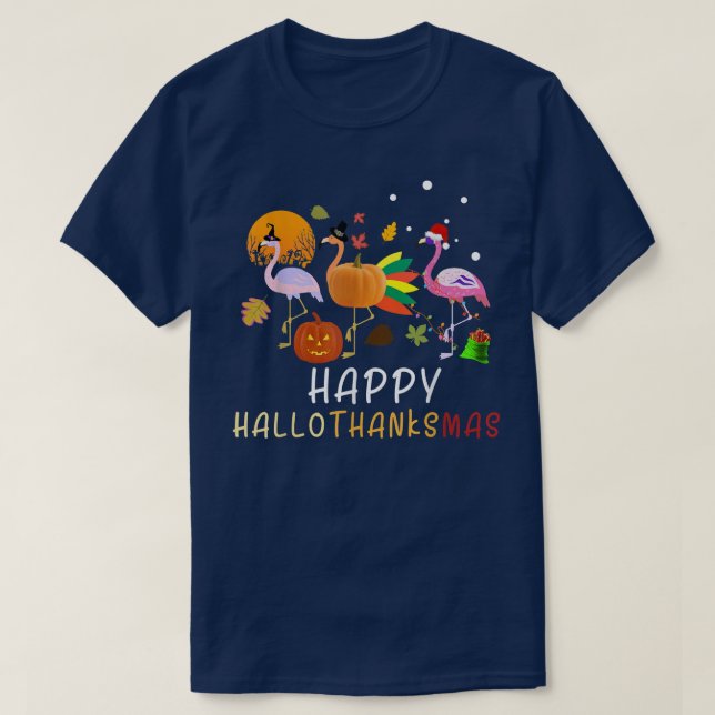 Happy Halloween Thanksgiving Christmas Flamingo Pu T-Shirt (Design Front)