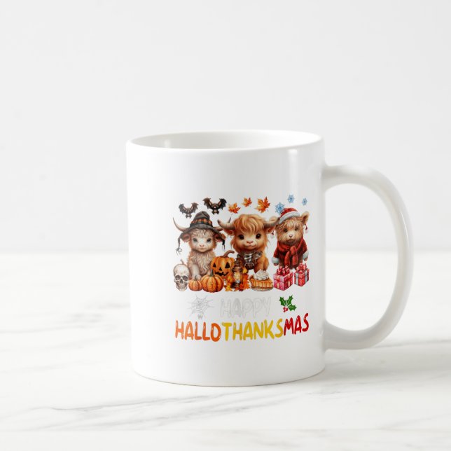 Happy Halloween Thanksgiving Christmas Highland Co Coffee Mug (Right)