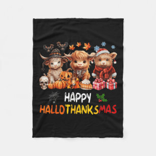 Happy Halloween Thanksgiving Christmas Highland Co Fleece Blanket