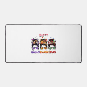happy halloween thanksgiving christmas messy bun desk mat
