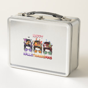 happy halloween thanksgiving christmas messy bun metal lunch box