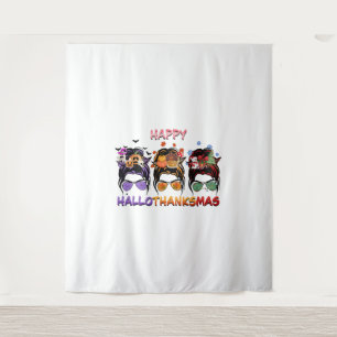 happy halloween thanksgiving christmas messy bun tapestry