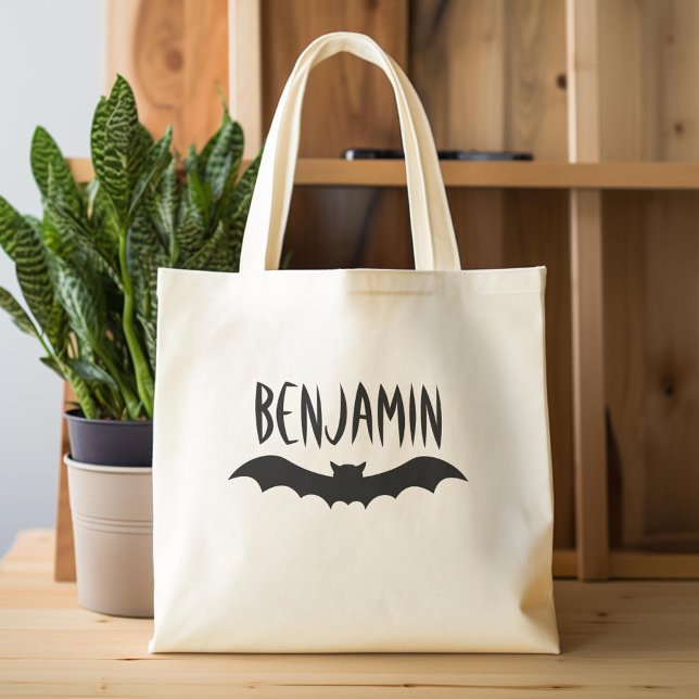 Happy Halloween Treat Custom Name Cute Bat Tote Bag (Custom Tote Bag)