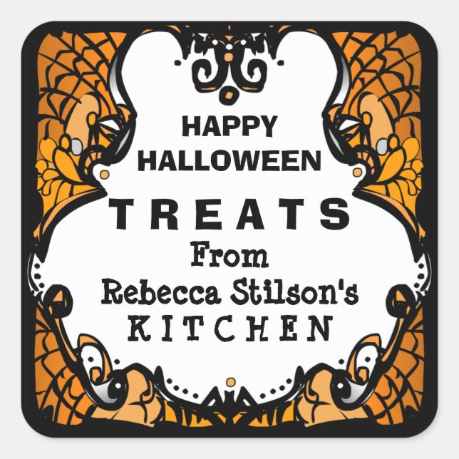 Happy Halloween Treats Orange Black & White Custom Square Sticker (Front)