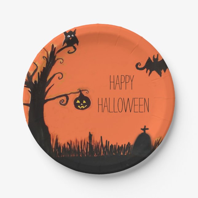 Happy Halloween Tree Ghost Bat Paper Plates (Front)