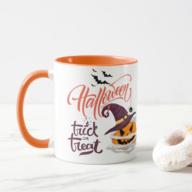 Happy Halloween Trick or Treat Pumpkin Coffee Mug (With Donut)