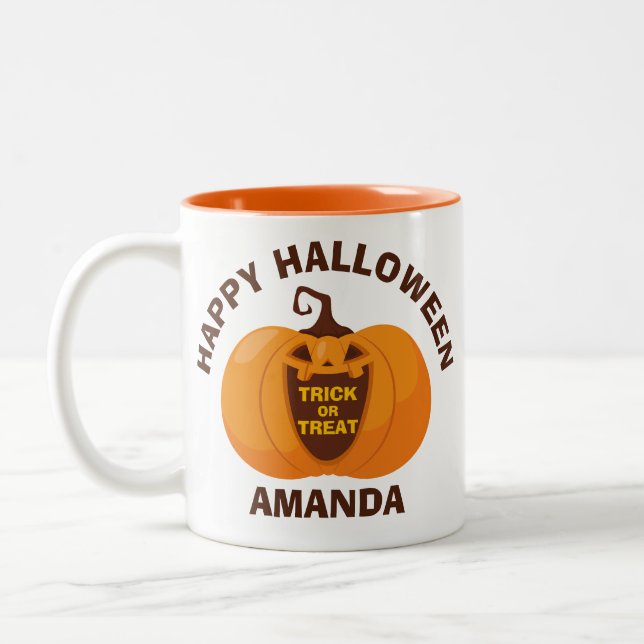 Happy Halloween Trick or Treat Spooky Pumpkin Face Two-Tone Coffee Mug (Left)