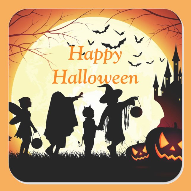 Happy Halloween Trick or Treaters on a Full Moon Square Sticker (Creator Uploaded)