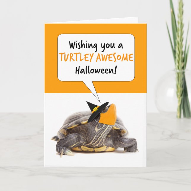Happy Halloween Turtle in Witch Hat and Face Mask Holiday Card (Front)