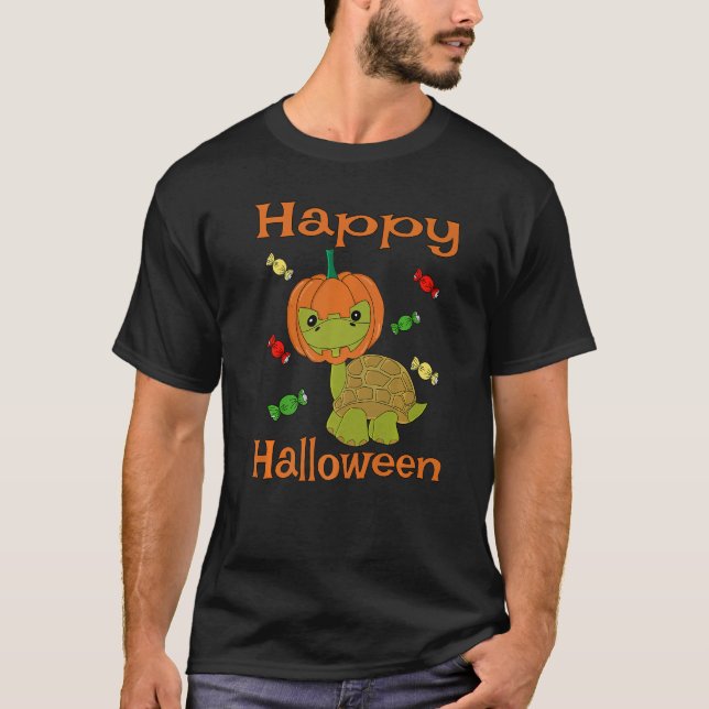 Happy Halloween Turtle With Pumpkin Helmet Hallowe T-Shirt (Front)