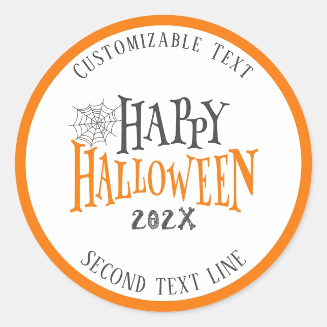 Happy Halloween typography with a spider web Classic Round Sticker (Front)